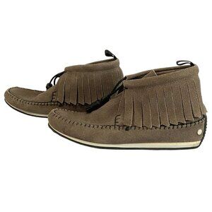 NWT RAG & BONE GHITA TAUPE SUEDE LEATHER DRAWSTRING FRINGED MOCCASIN - 8,5